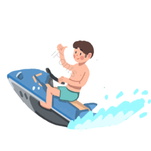 暑期 暑假 海上 男生 摩托艇 卡通 手绘 海浪