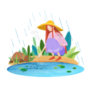 少女下雨 水池 少女 下雨 绿叶  节气 谷雨