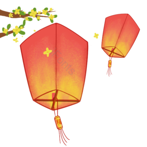 孔明灯 桂花树 黄色 手绘  插画 中国风