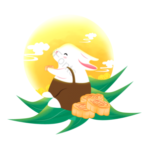 手绘 中秋节 坐在月亮下吃月饼的可爱兔子 兔子 月饼元素设计 中秋 月亮