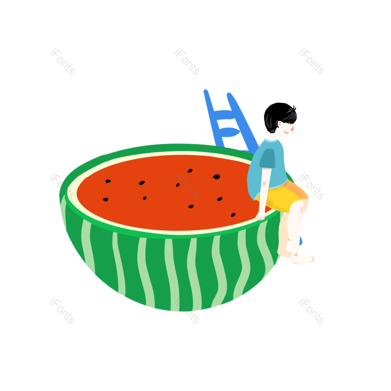 插图图片,西瓜元素,小男孩PNG,手绘免抠素材