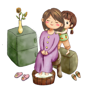母亲节 给妈妈捶背 小女孩 孝顺 手绘 泡脚 揉肩 捏肩