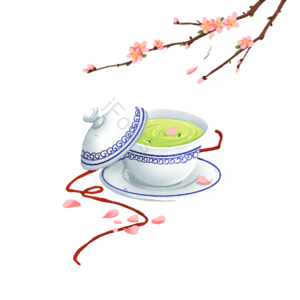 清明节 手绘 青花瓷 茶杯 粉色 桃花 红绳 花朵