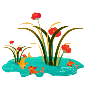 中国风 花 草 水 鱼儿 插画 装饰