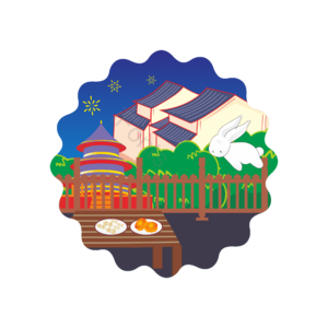 中秋节 手绘 插画 建筑 古城 兔子