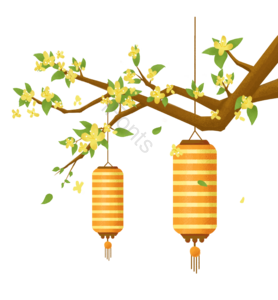 中秋节  花灯 桂花树 桂花 灯笼 黄色 插画