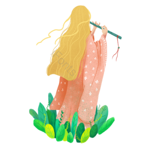 少女古风 吹笛 纪念 卡通人物 