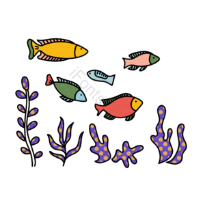 复古 鱼 海草 植物 装饰 创意 插画 