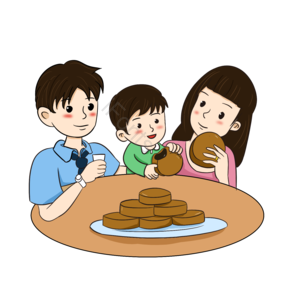 中秋节 一家三口 团圆 吃月饼 卡通 爸爸妈妈 孩子 月饼