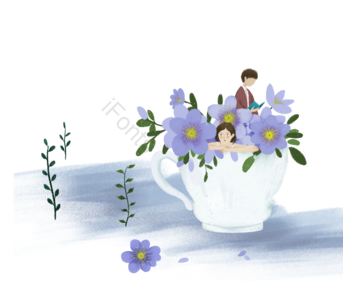 紫色的小花 茶杯 女孩 男孩 手绘插画 植物 花卉 人物