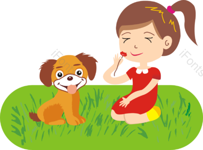 小女孩 小狗 小花 小草 陪伴 红裙子