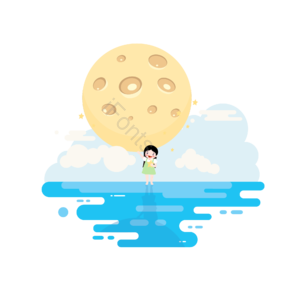 蓝色 海水 月球 白云 倒影 女孩