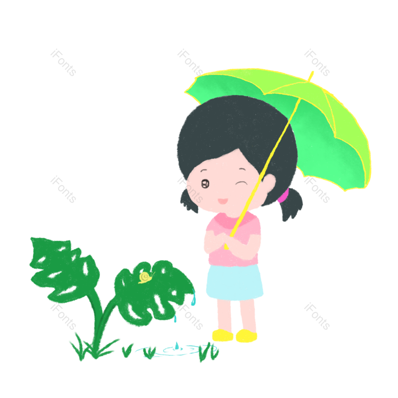雨伞图片,绿叶元素,雨滴PNG,女孩免抠素材