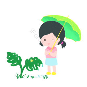 谷雨 女孩 雨伞 绿叶 雨滴 手绘