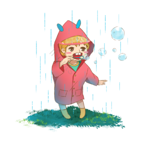小孩 吹泡泡 下雨 穿雨衣  下雨 绿叶 