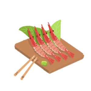 日式料理 日本美食 日式小吃 鲜虾刺身 卡通虾刺身 手绘虾刺身