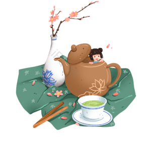 清明节 可爱 茶饮 茶具 小女孩 茶杯 白瓷瓶 桃花