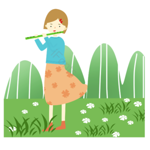 吹笛子 人物插画元素 清明 女孩 花朵 小草