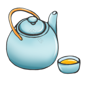 手绘 卡通 蓝色 茶壶 茶杯 茶饮 茶具