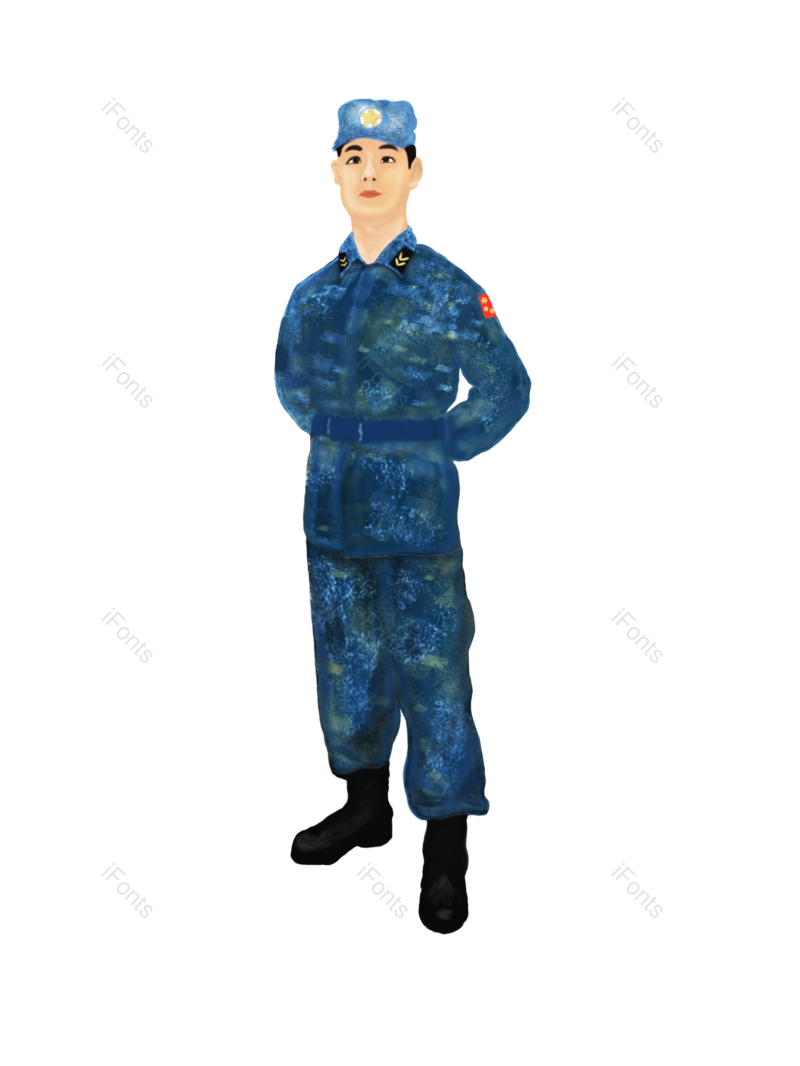 蓝色图片,军人元素,手绘PNG,免抠素材