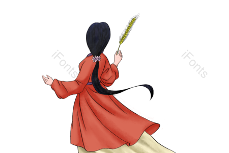 手绘 小满 红色长裙 女孩 背影 长发 稻谷 小麦