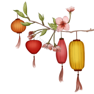 手绘 中国风 梅花 花卉 植物 灯笼 树枝灯笼 古风