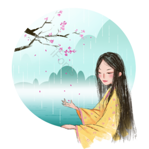 少女 下雨 远处 山 中国风 节气 国风 水墨