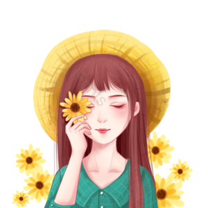 春天 戴草帽 长发 美女 小雏菊 黄色 花朵 女生