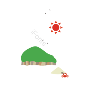 绿色 红色 太阳 螃蟹 大海 沙滩 孤岛