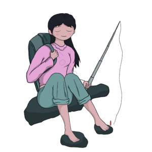 手绘 女孩 钓鱼 石头 书包 春天