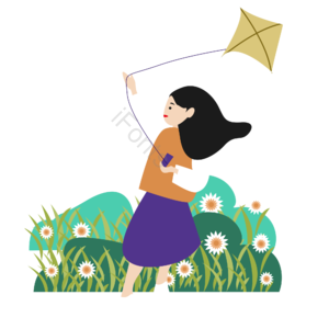清明节 女孩 放风筝 绿植元素设计 清明 花朵