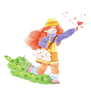 春夏 手绘 红色 长发 美女 传递 爱心 绿色草坪
