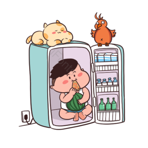 坐在冰箱 吃西瓜 男孩 小狗 小鸡 凉爽 酷暑