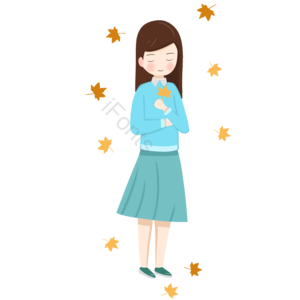 女同学 裙子 卡通 叶子 手绘 卡通