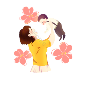 母亲节 小孩举高高 短发 妈妈 粉色 花朵 手绘 温馨