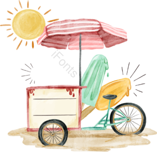 水彩 手绘 夏天 沙滩 冰淇淋 贩卖车 摊子 太阳