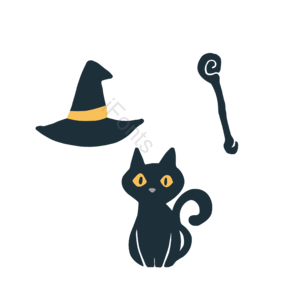 万圣节 小猫 女巫帽 法杖 装饰 元素 免扣 PNG