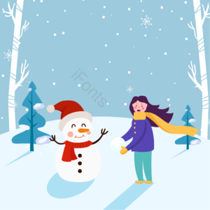 冬季风景 冬天 冬季 女孩在堆雪人 雪人 卡通手绘