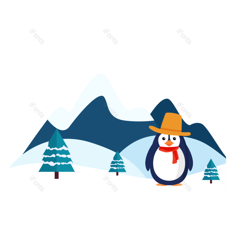 雪山图片,企鹅元素,冬天PNG,卡通手绘免抠素材