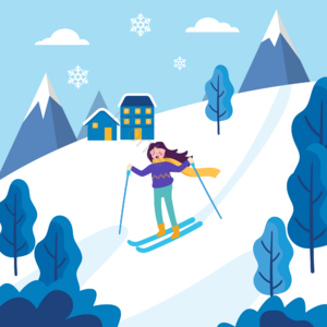 冬季 冬天风景 滑雪 女孩滑雪 雪地 蓝色插画风