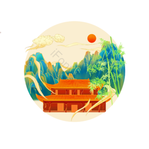 中国风 建筑 山峰 竹子 云彩 赣州 中国 国潮