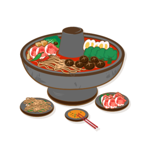 手绘 矢量 美食 火锅 火锅创意元素设计 肉片 鸡蛋 辣椒