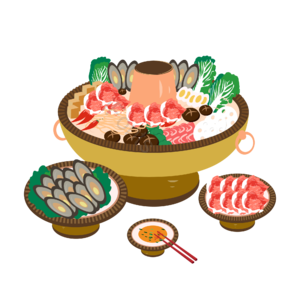 手绘 海鲜 美食 火锅 青菜 肉片 藕片 鸡蛋