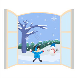 窗外 雪景 冬天 雪人 儿童 打雪仗 矢量 手绘