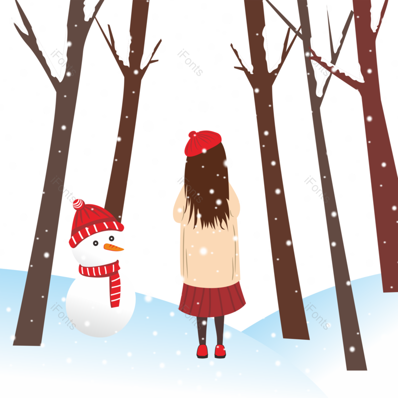雪景图片,背影元素,女孩PNG,雪人免抠素材