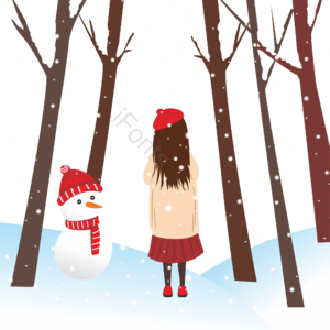 冬天 女孩 背影 雪景 雪人 矢量手绘 大雪