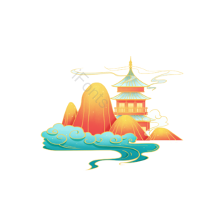 国潮 古风 中式 山水 建筑 场景 手绘 