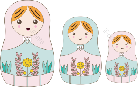 俄罗斯套娃 可爱女孩 矢量 粉色 绿色 插画 手绘