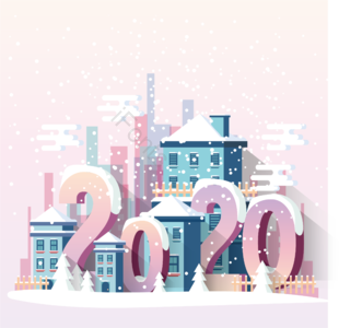 2020年 字体 插画用图 建筑 白色 蓝色 粉色 紫色