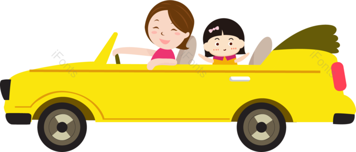 黄色汽车 卡通汽车 黄金周 黄金周旅行 旅行 旅游 敞篷车 母女